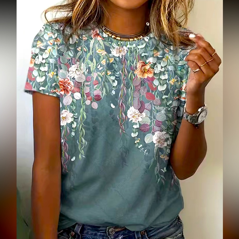 Vintage Floral Print T-Shirt, Short Sleeve Crew Neck Casual Top 🌻🪷